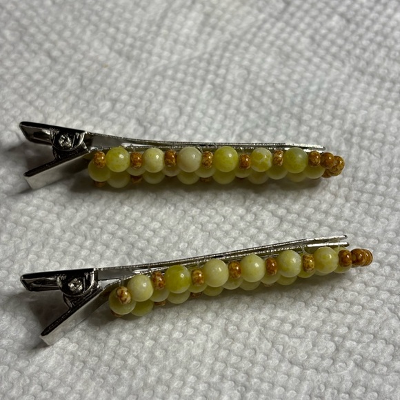 Hand crafted set hair clips wrapped with genuine yellow jade stones 2 inches - Picture 5 of 5